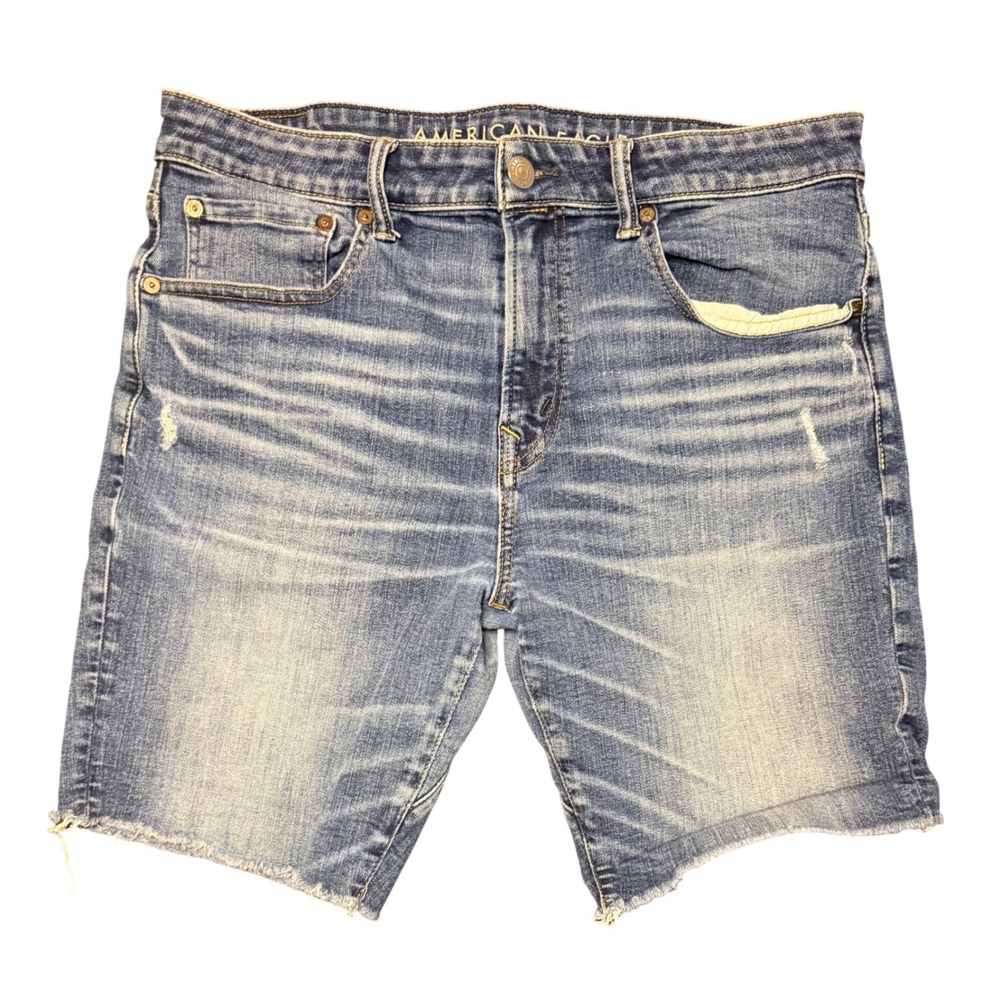 American Eagle Airflex+ Move-Free Athletic Shorts Mens 34 Blue Denim Cutoff